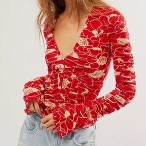 NWOT Free People Through the Meadow Ruched Mesh Top SZ L